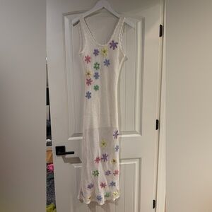 Beach riot - White Crochet Maxi Dress with Colorful Flower Appliqués